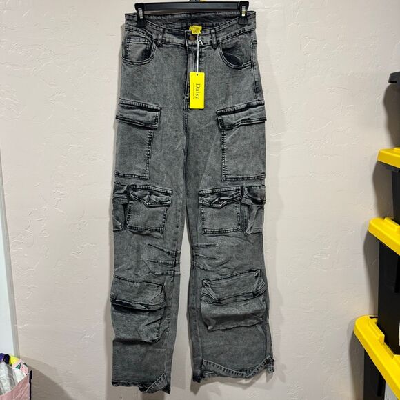 Daisy Mineral Wash Multi Pocket Cargo Jeans - Charcoal - Picture 1 of 7